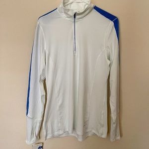Brooks essential running shirt quarter zip white with blue sleeves large